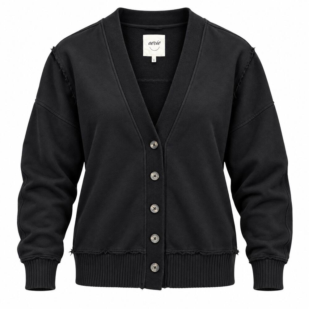 Aerie Black Oversized Distressed Button Front Cardigan Sweatshirt XS